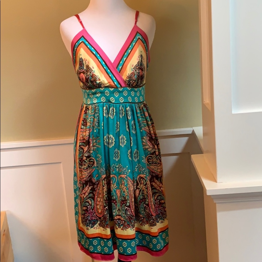 Nicole Miller Teal, Pink & Yellow Paisley Midi Dress